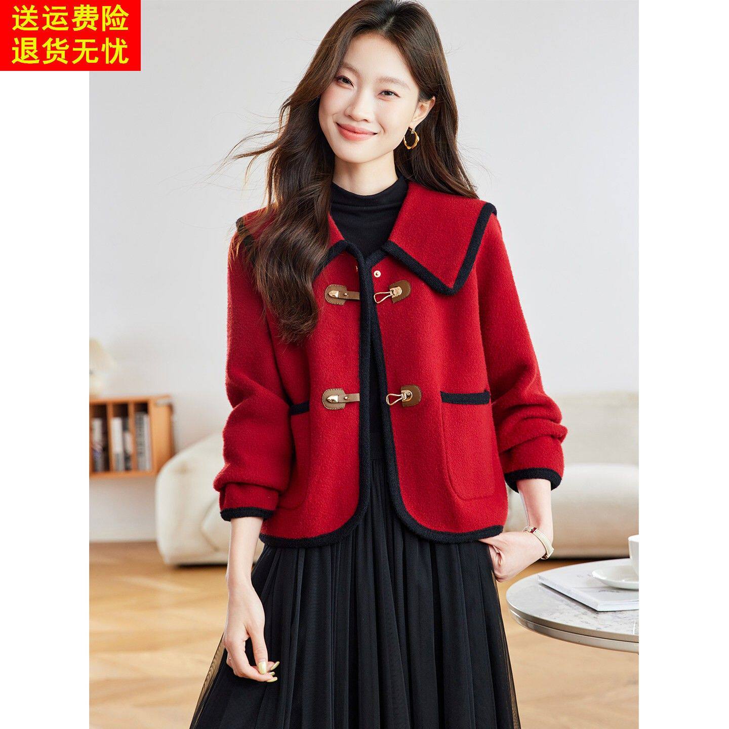 皮扣翻领红色毛呢外套女春季2026新款巨好看的小个子短款呢子大衣