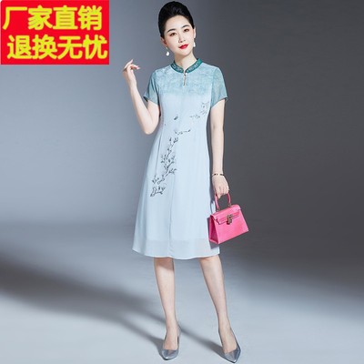 夏季新款连衣裙2025香云纱女装气质真丝裙改良旗袍妈妈桑蚕丝裙子