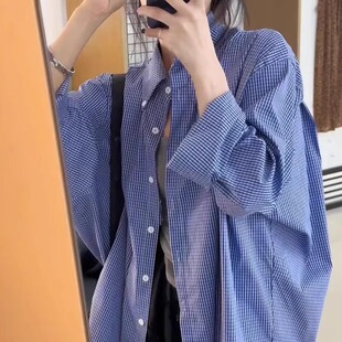 大码 春夏新款 女长袖 韩版 百搭休闲慵懒风衬衣 宽松显瘦蓝色格子衬衫