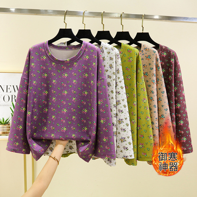 德绒长袖碎花保暖上衣