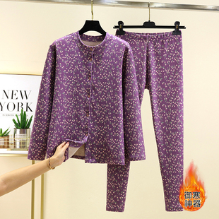 冬季加绒开衫家居服女宽松大码中老年碎花上衣加厚德绒睡衣两件套