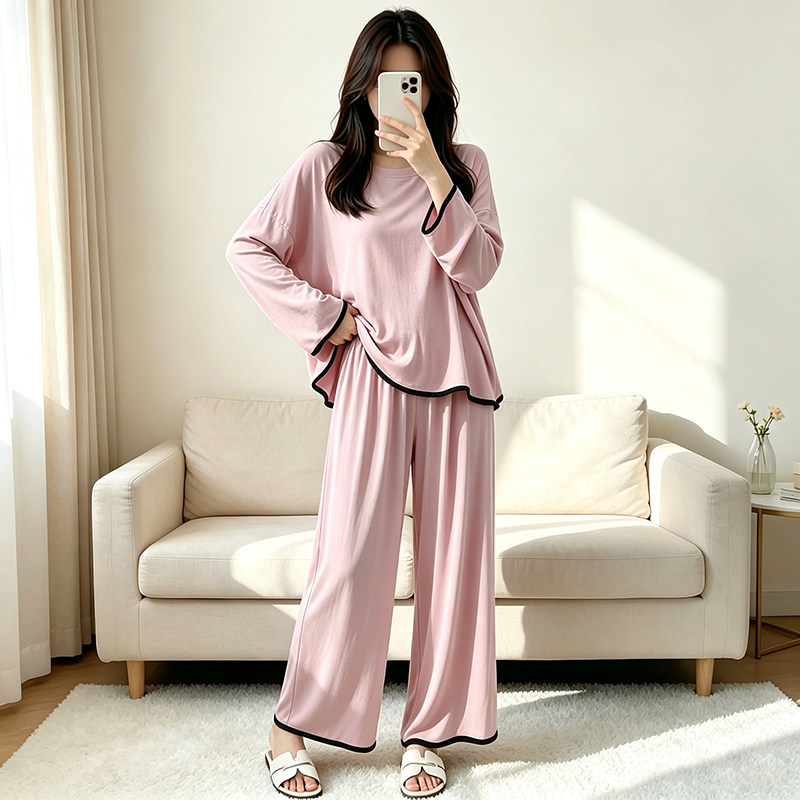 宽松莫代尔长袖家居服春秋大码波浪边上衣垂感阔腿裤睡衣睡裤套装