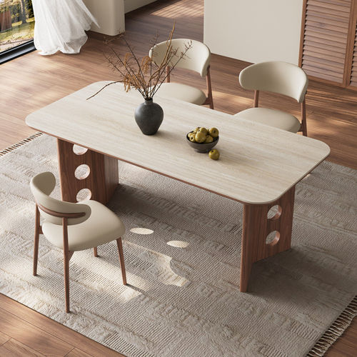 中古风洞石岩板餐桌现代简约家用小户型长方形实木饭桌胡桃色餐桌