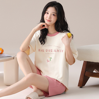 由果睡衣女款夏季纯棉短袖短裤甜美薄款全棉休闲学生家居服套装女