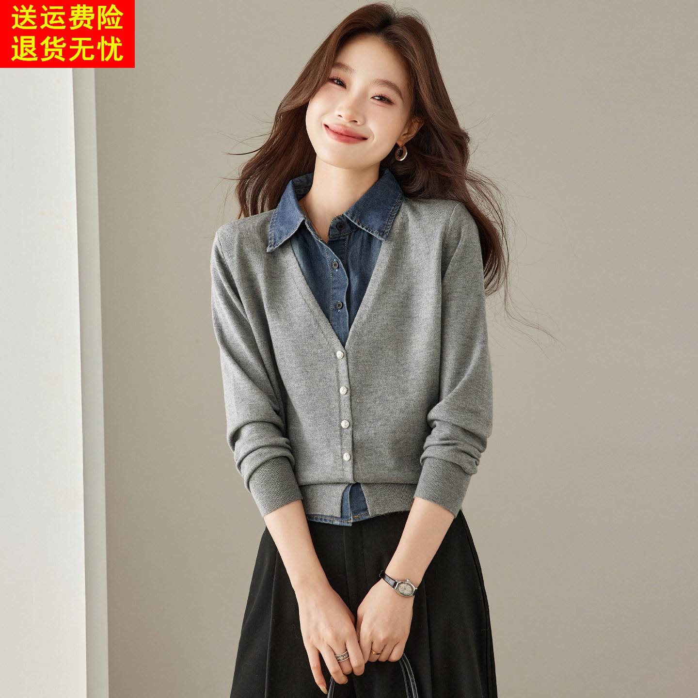 假两件牛仔拼接翻领针织开衫女秋装2026新款通勤气质短款毛衣外套