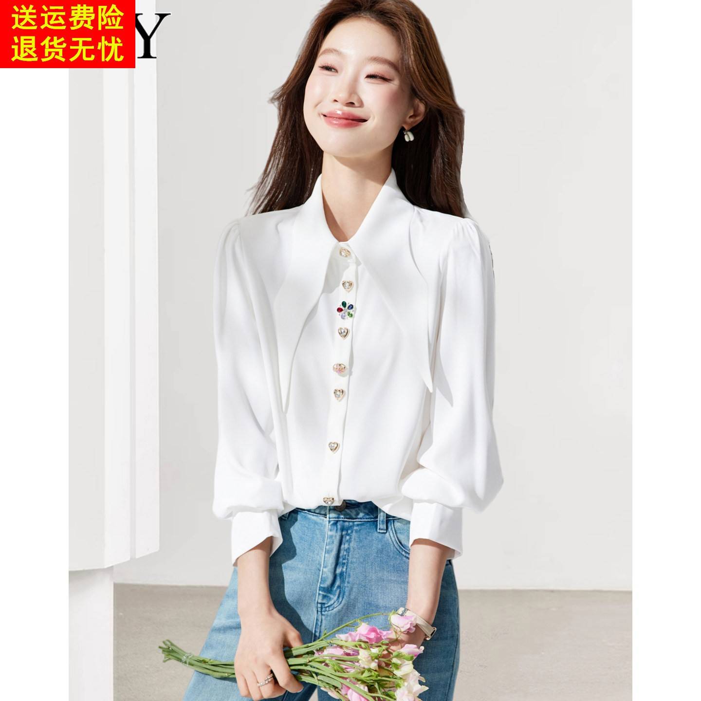 2026春装新款雪纺法式白色超好看衬衫气质别致大翻领通勤上衣女薄