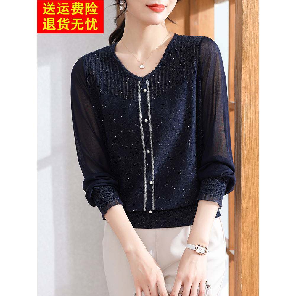 年轻妈妈春装长袖蕾丝减龄针织小衫2025新款中老年女装春秋上衣服