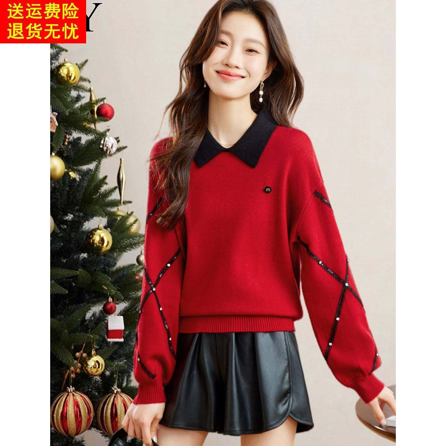 2025冬装新款小个子显高拼色减龄娃娃领毛衣短款软糯套头上衣女装