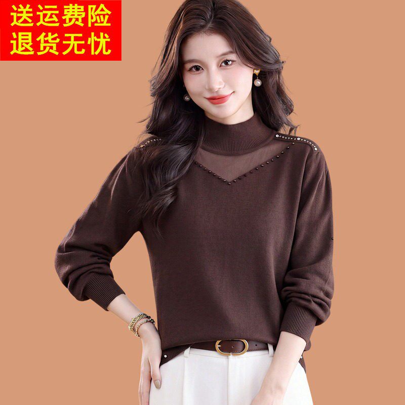 蕾丝钉珠半高领毛衣女秋冬2026新款洋气妈妈宽松可外穿羊毛打底衫