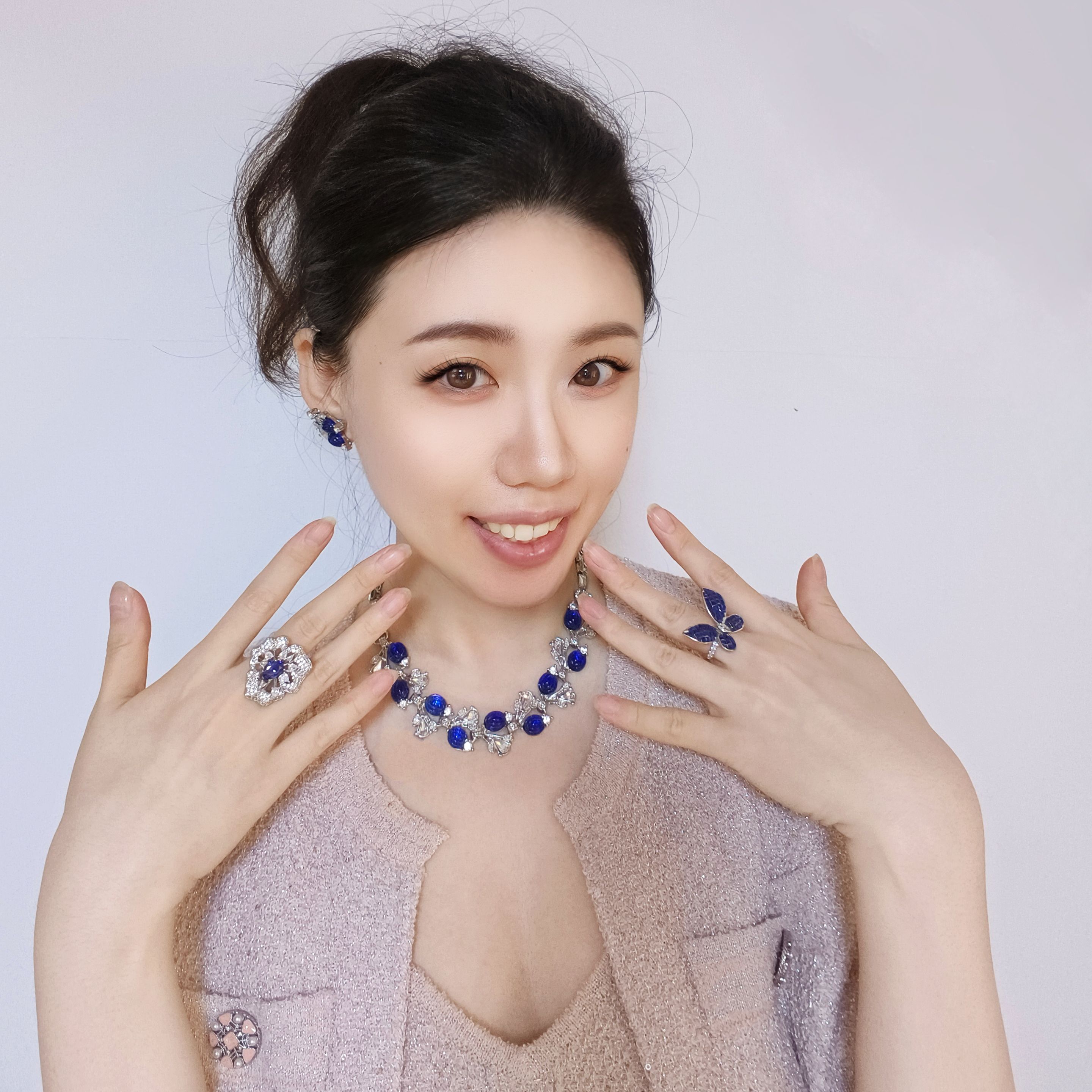 外贸复古中古饰品精致宝蓝色琉璃镶钻项链耳饰戒指套装打标款