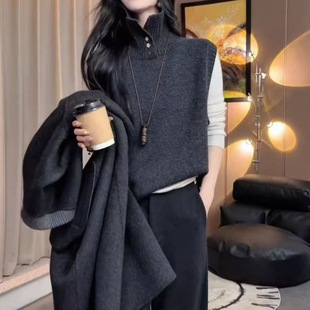 2025法式外穿半开高领针织衫马甲女士早秋冬叠穿保暖内搭上衣背心