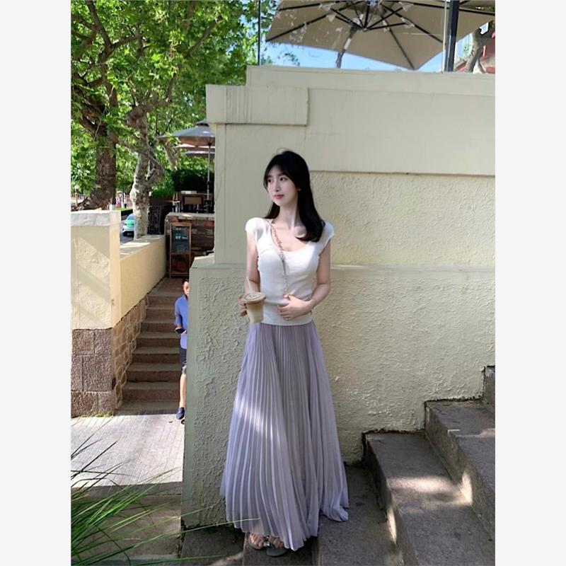 PPHOME北屿甜心~气质穿搭一整套温柔修身针织短袖T恤紫色半身长裙