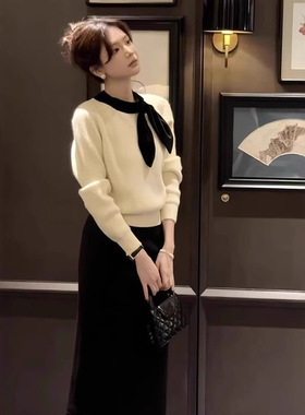 温柔风白色气质蝴蝶领结毛衣女秋冬设计感独特别致针织衫内搭上衣