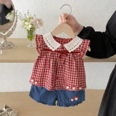 衣服 两件套蘑菇刺绣宝宝夏季 女童红白格纹连衣裙套装 上衣牛仔短裤