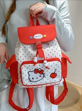 日韩可爱红色小猫翻盖双肩包女致双肩包波点设计感洋气背包