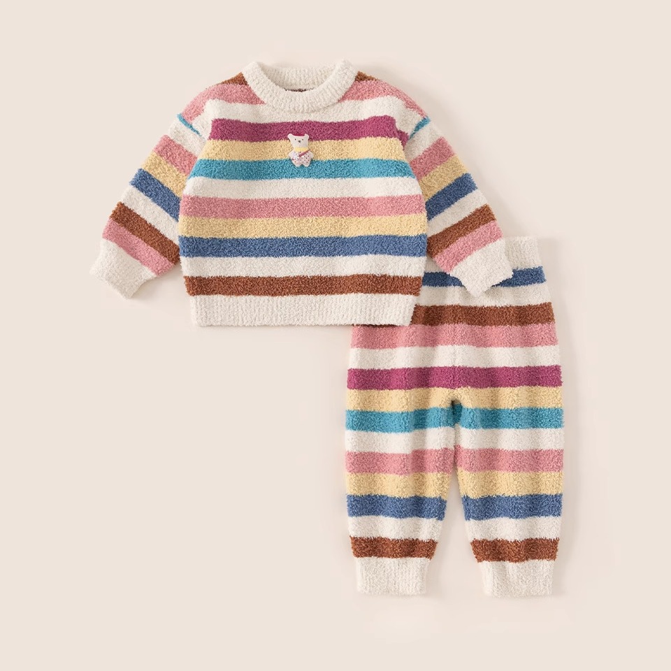 童装女童家居服冬季新品条纹毛衣上衣裤子小童两件套儿童套装