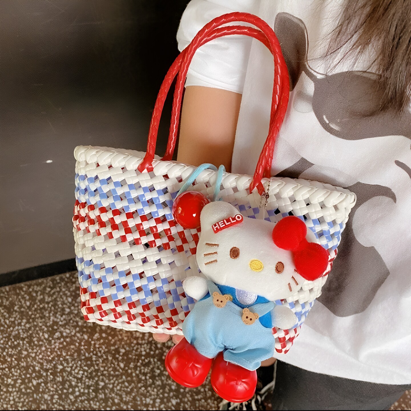 HD6219A04潮流复古凯蒂猫编藤编织托特包手提包
