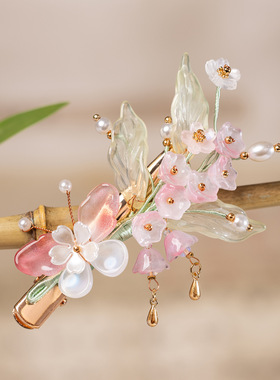 古风  粉色铃兰花朵发夹汉服旗袍超仙侧边夹配饰