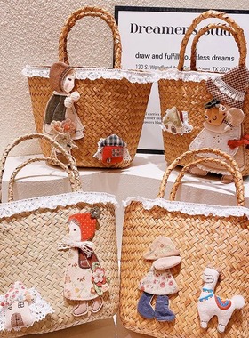 HD418A08红头巾韩式布艺ins草编菜篮子手提包大容量度假风
