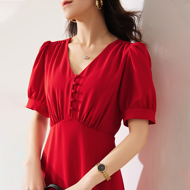 流金岁月泡泡袖连衣裙气质红裙 2024夏季新款女装红色中长款裙子
