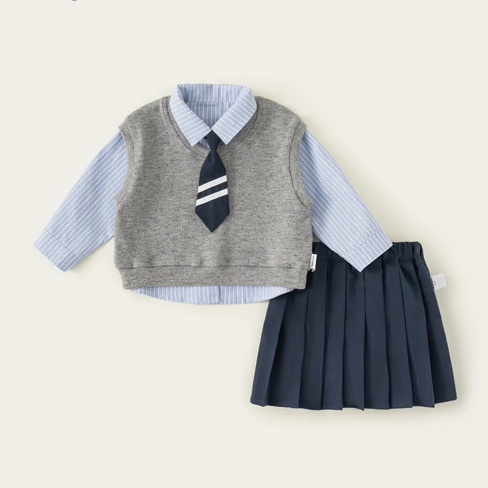 童装女童春装翻领衬衫纯色马甲百褶裙三件套儿童学院风套装