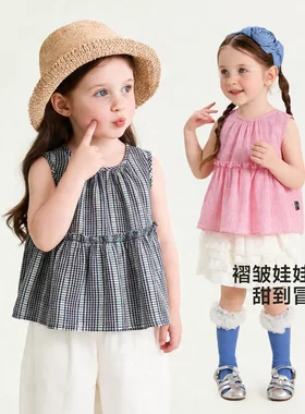 童装2026夏季新款女童衬衫甜美褶皱荷叶边A字型无袖娃娃衫