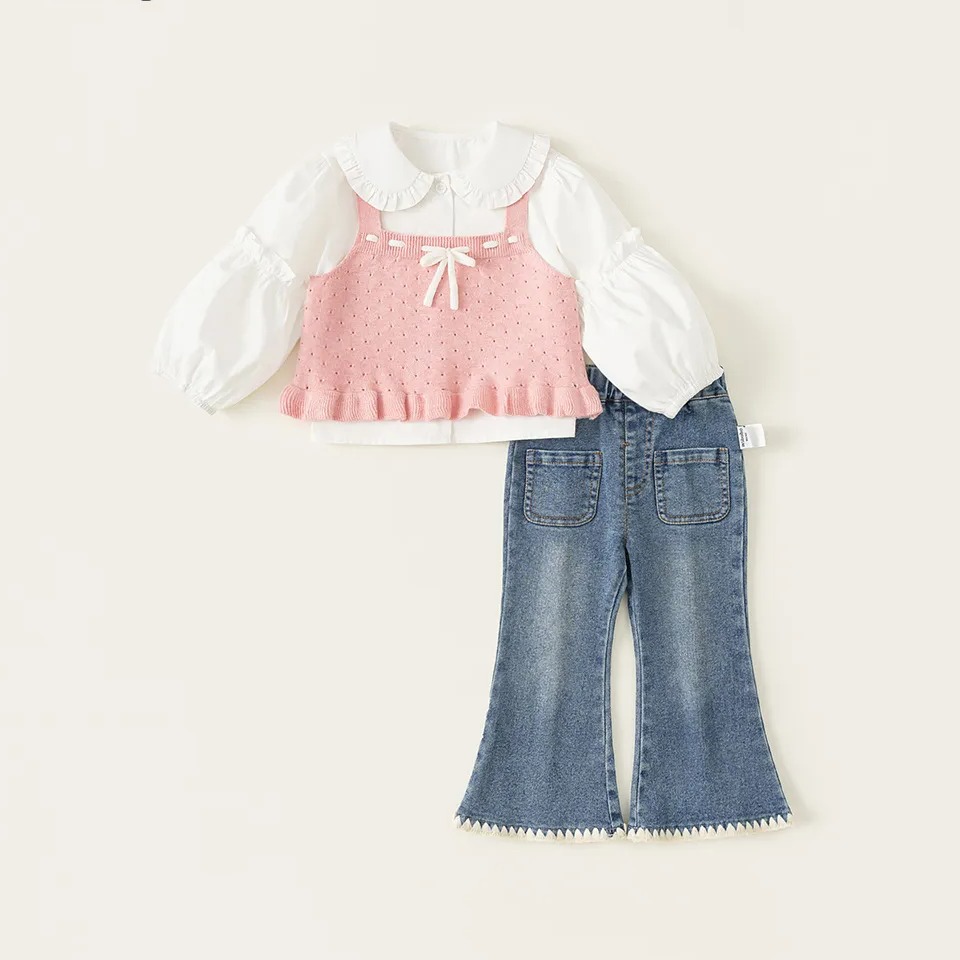 童装女童春装套装儿童针织吊带马甲女孩牛仔喇叭裤韩版三件套