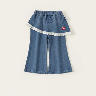 童装女童裤子春季新品洋气屁帘拼接儿牛仔裤百搭小童喇叭裤