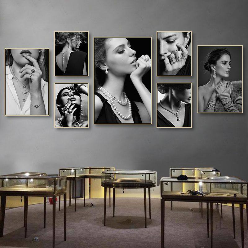 珠宝店挂画黑白高级感奢侈品专柜店装饰画钻石项链宝石宣传海报画