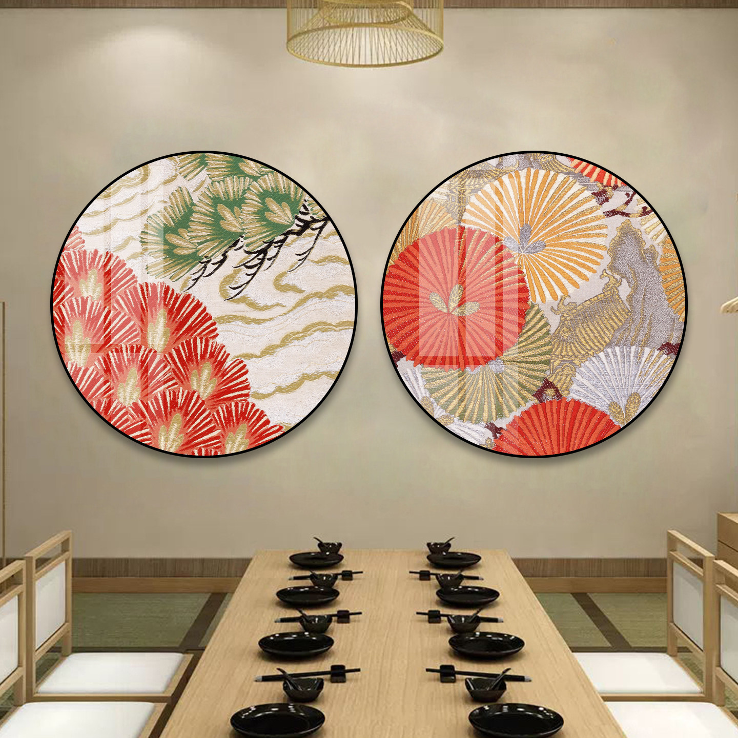 日式画原木风玄关挂画和风花纹圆形画日料寿司店榻榻米居酒屋壁画