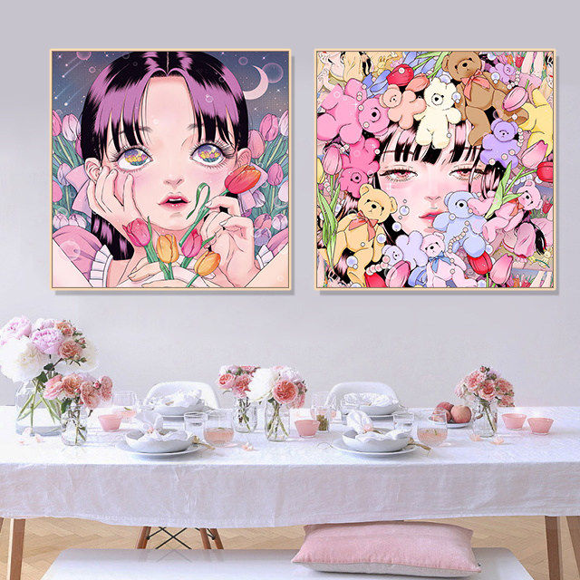 潮流ins风挂画动漫少女心艺术房间二次元插画海报女生卧室装饰画