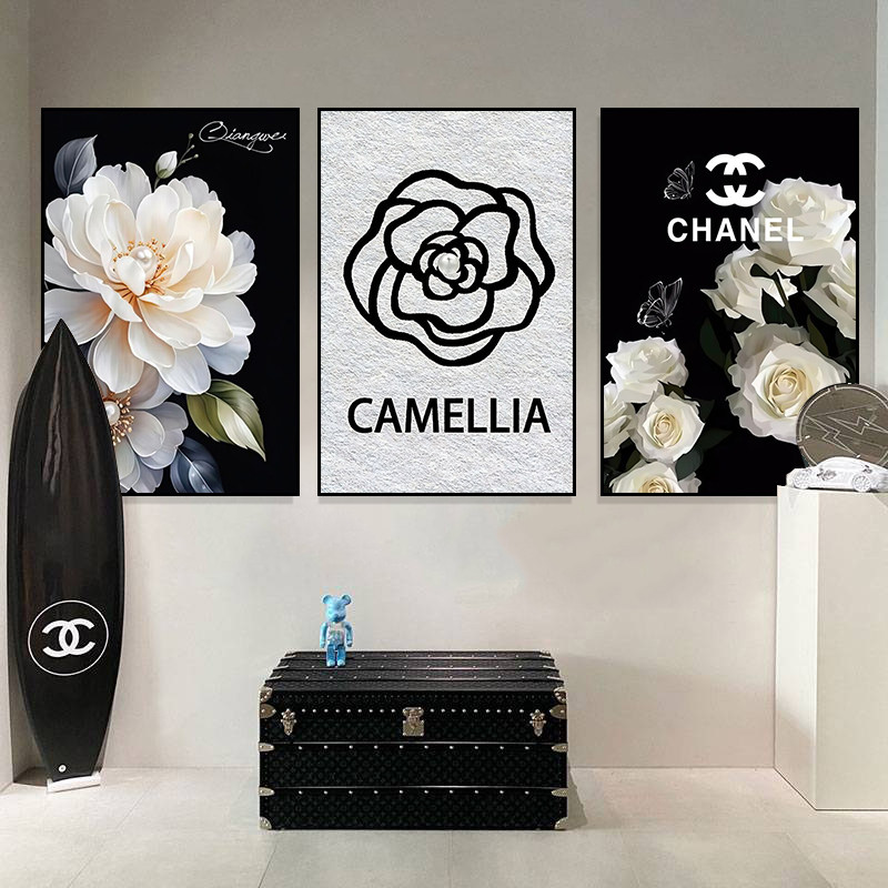 小香风山茶花装饰画时尚服装店高级感玫瑰花挂画客厅卧室轻奢摆画