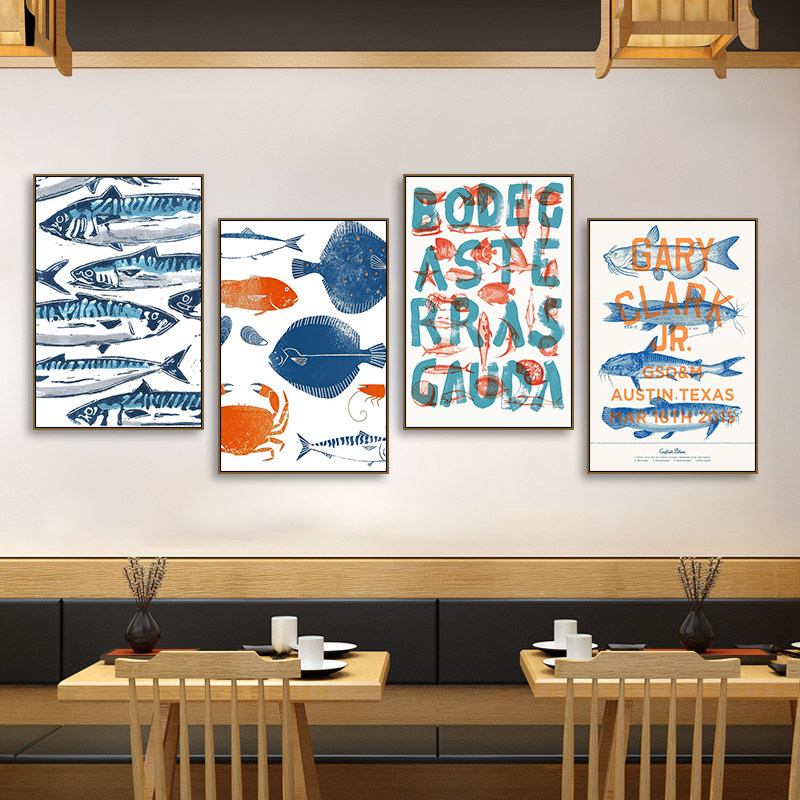 鱼装饰画海鲜餐厅三文鱼龙虾馆墙面挂画日式烧鸟料理店寿司店壁画