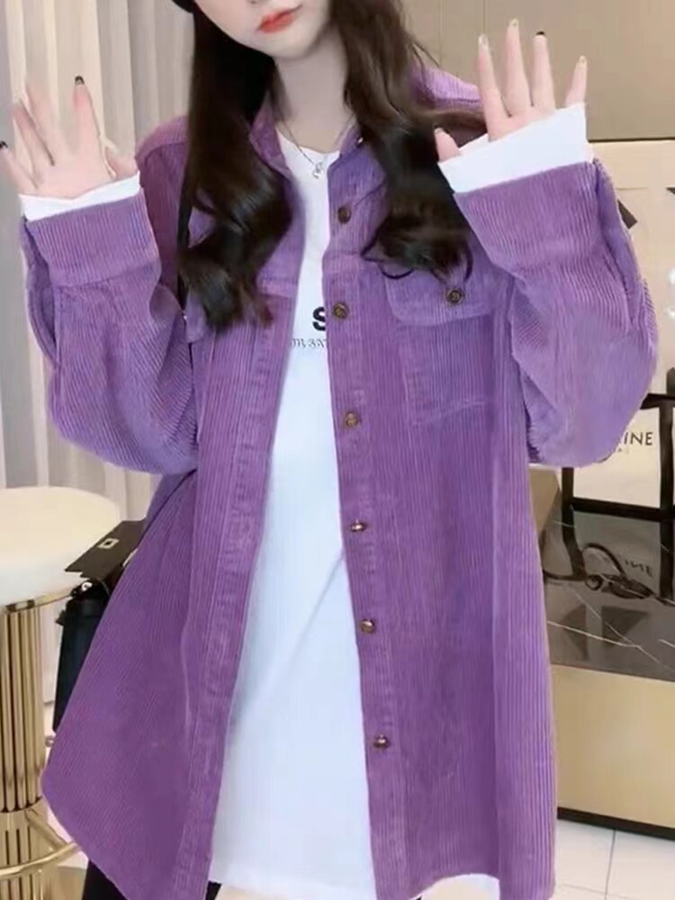 灯芯绒衬衫外套女秋季新款设计感小众宽松慵懒风紫色长袖工装上衣