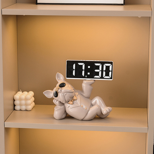 钟表小闹钟时钟家用钥匙收纳托盘摆件 创意斗牛犬酒柜桌面电子台式