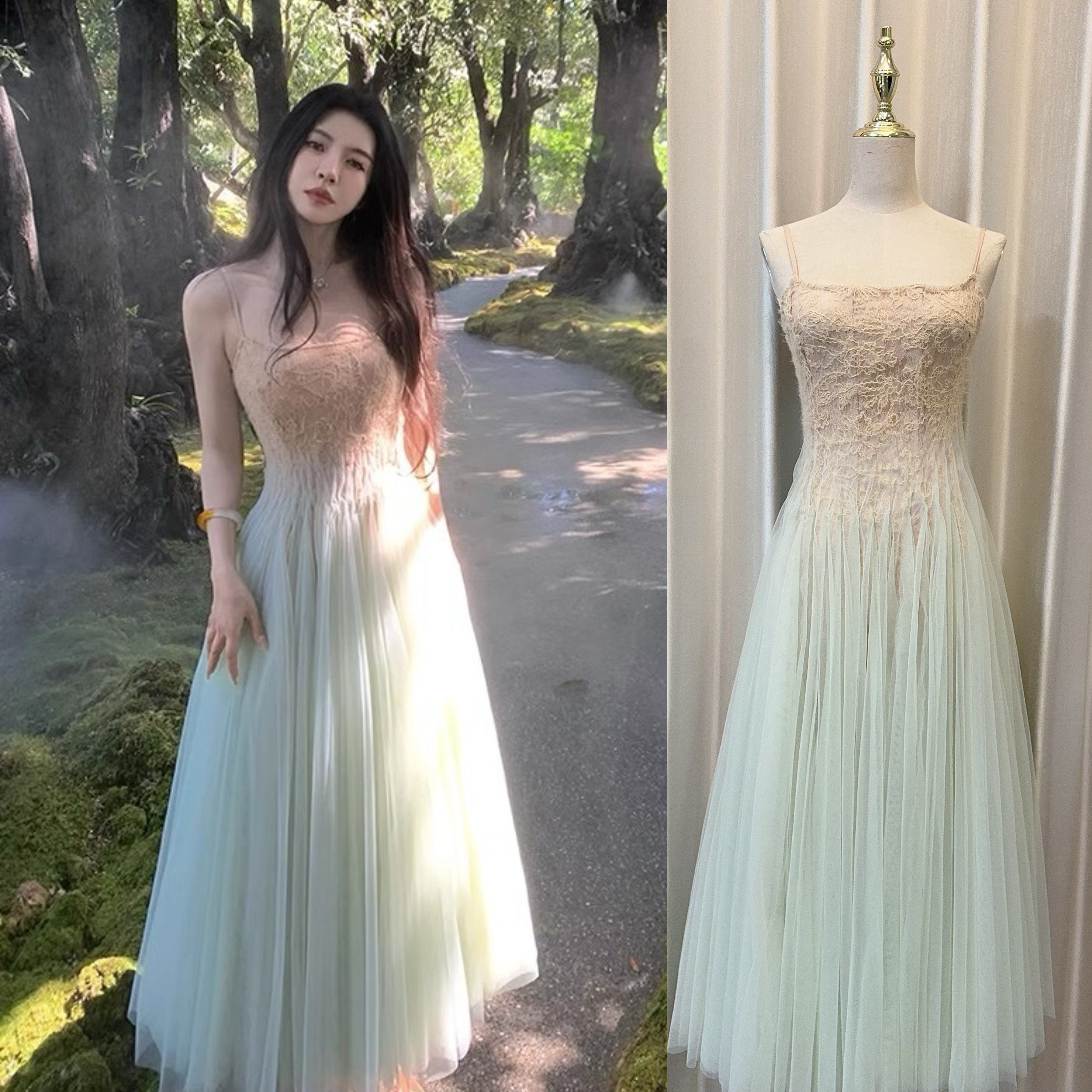 越南小众仙女连衣裙夏绝美蕾丝镂空渐变薄荷绿小礼服晨袍网纱长裙
