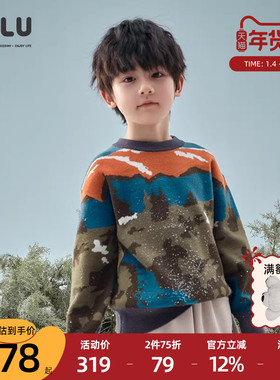 优露童装男童长袖毛衫ULLU冬新款复古撞色卡通芝麻针提花儿童毛衣