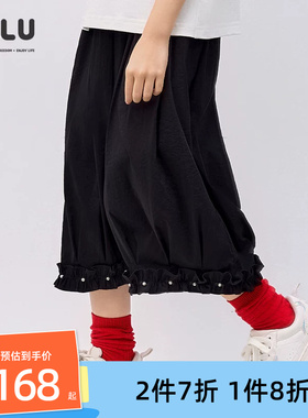 优露童装女童七分裤ULLU夏新款甜酷百搭儿童黑色宽松阔腿七分裤子