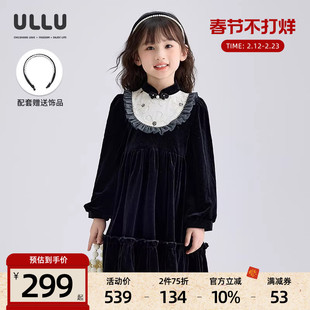 优露童装女童长袖连衣裙ULLU冬新款木耳边绣花蕾丝复古丝绒连衣裙
