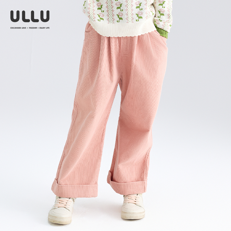 ULLU复古粉灯芯绒翻边阔腿裤长裤