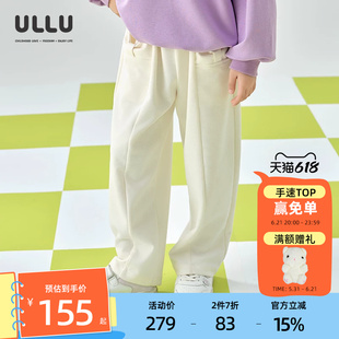 优露童装女童长裤ULLU25秋款蝴蝶结口袋华夫格肌理白色直筒长裤子