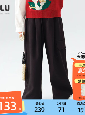 优露童装女童长裤ULLU25秋款百搭休闲袋盖装饰宽松黑色阔腿裤长裤