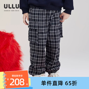 ULLU优露童装男童长裤24冬款潮酷大口袋双层加绒黑白格子裤长裤