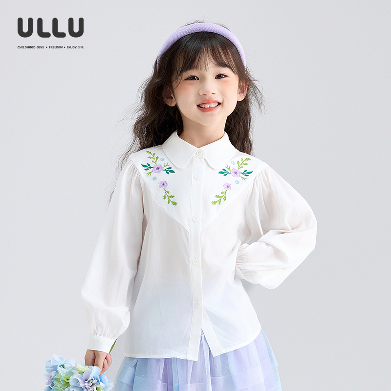 ULLU莱赛尔甜美花朵绣花白衬衫