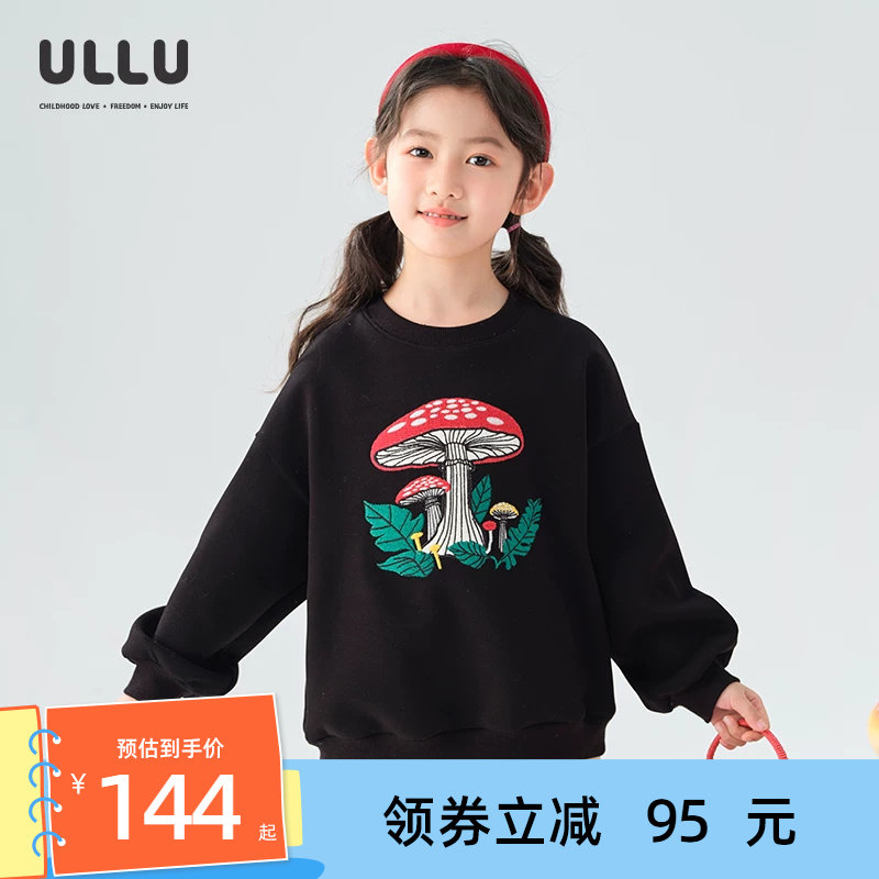 ULLU蘑菇贴布绣花圆领落肩卫衣