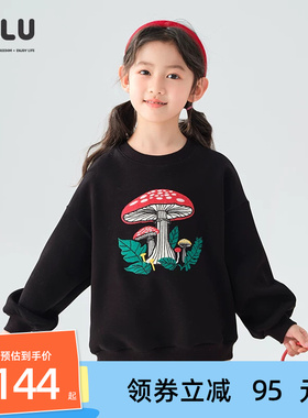 优露童装女童长袖针织衫ULLU25秋款蘑菇贴布绣花黑色圆领落肩卫衣