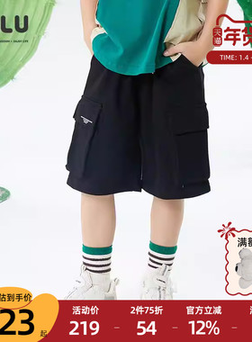 优露童装男童中裤ULLU25夏款百搭立体工装风大口袋运动黑色五分裤