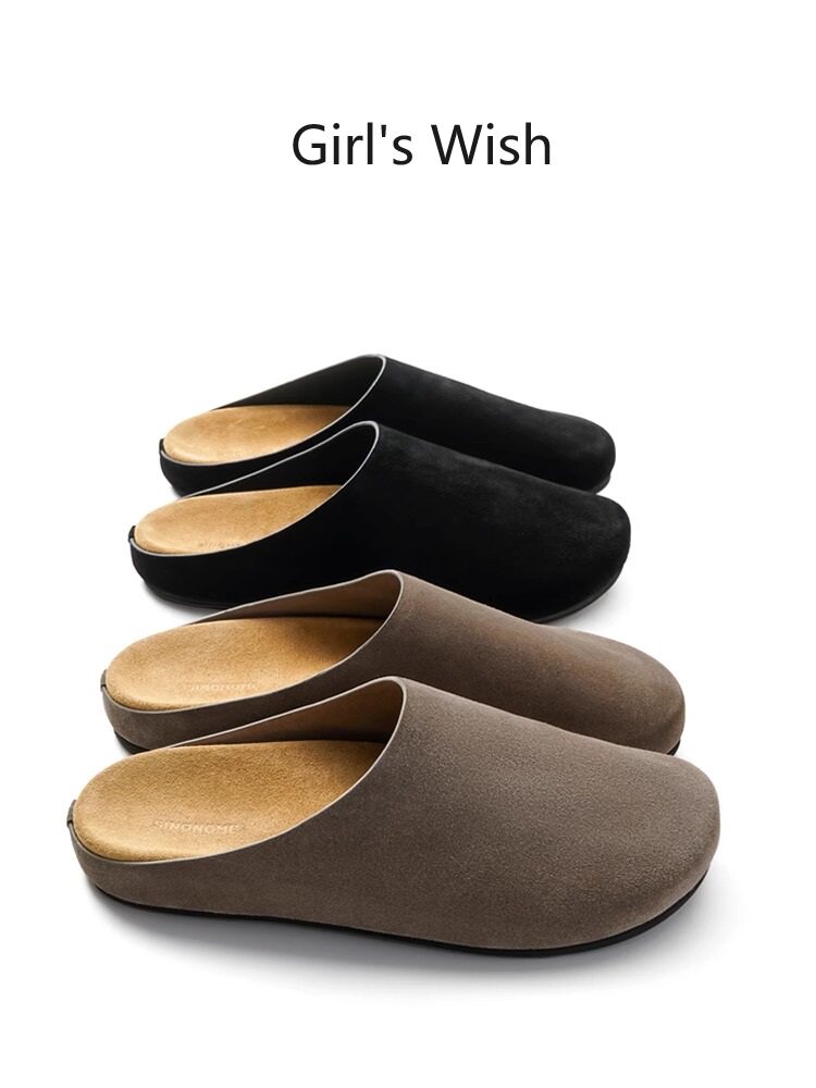 Girl's Wish进口牛皮反绒 一脚蹬单鞋穆勒勃肯包头半拖鞋 mules