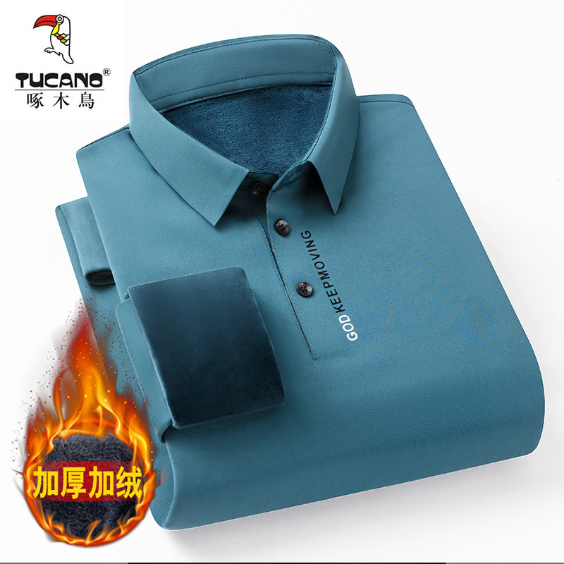 啄木鸟男士春秋冬加绒保暖polo衫新款翻领长袖体恤纯色弹力打底衫