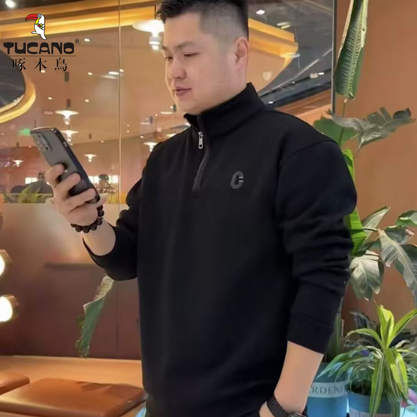 啄木鸟秋冬季男士加绒半拉链卫衣